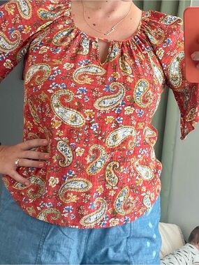 AGB Red Paisley Flutter Sleeve Peasant Blouse